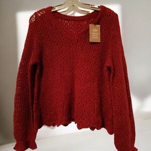 M❤️Pices V-Neck Knit Sweater Alpaca Blend in Deep Red